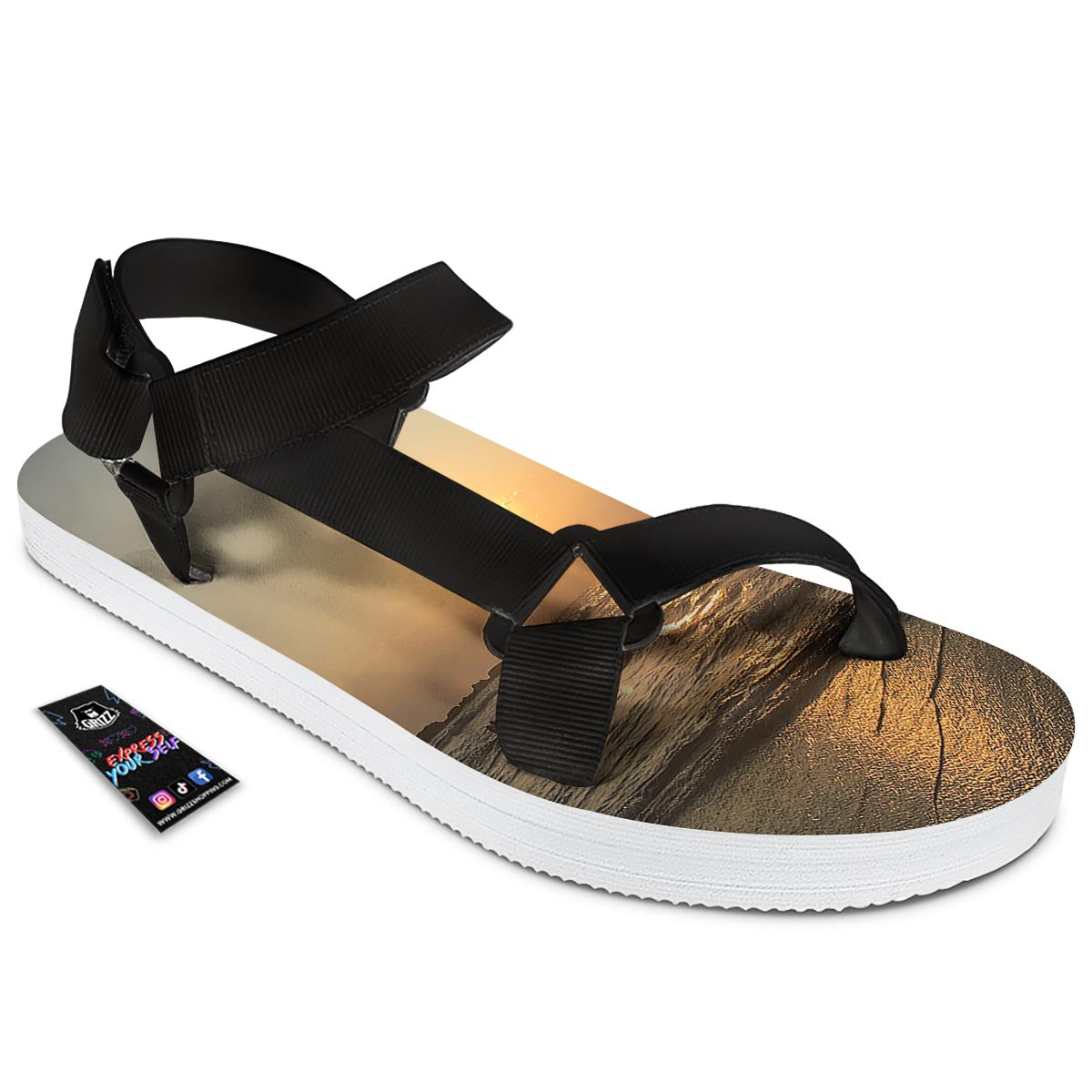 Beach Sunrise Print Black Open Toe Sandals-grizzshop