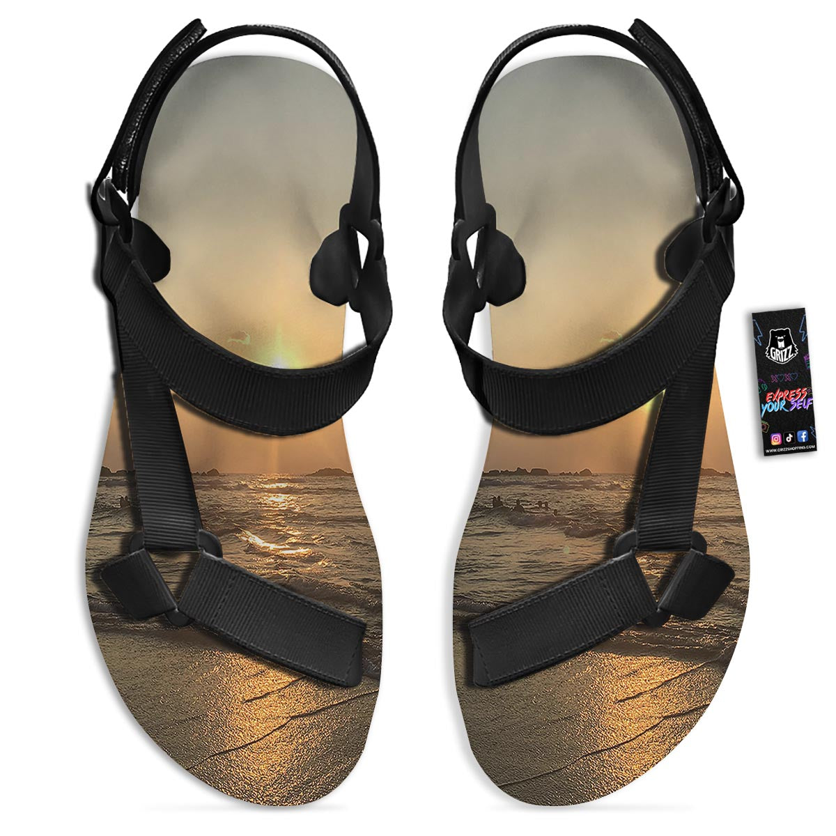 Beach Sunrise Print Black Open Toe Sandals-grizzshop