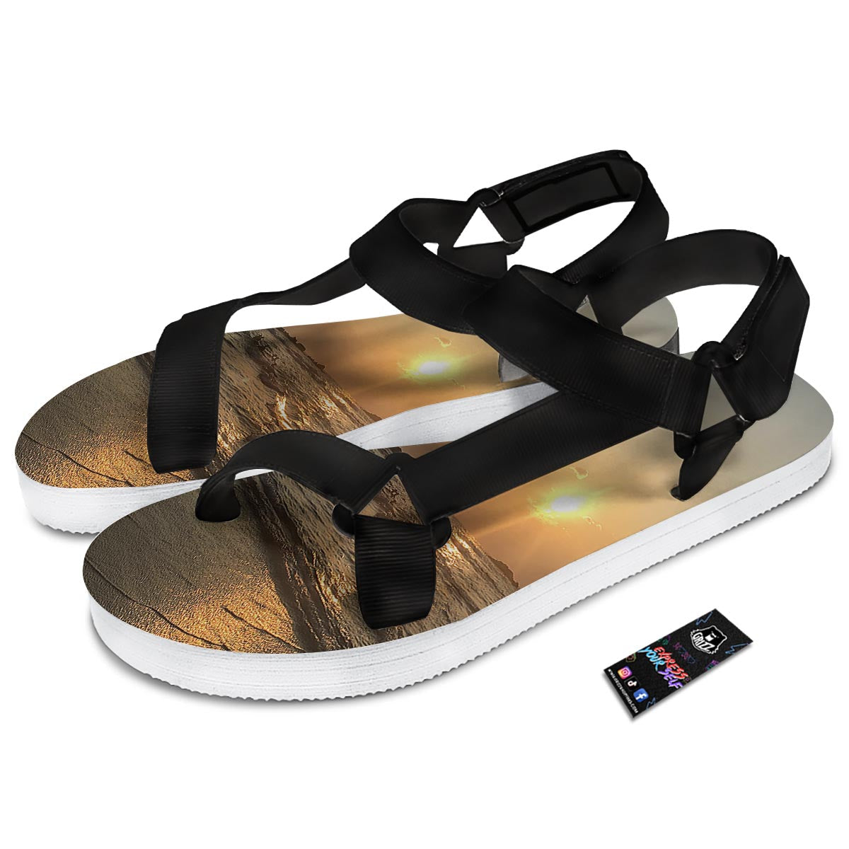 Beach Sunrise Print Black Open Toe Sandals-grizzshop