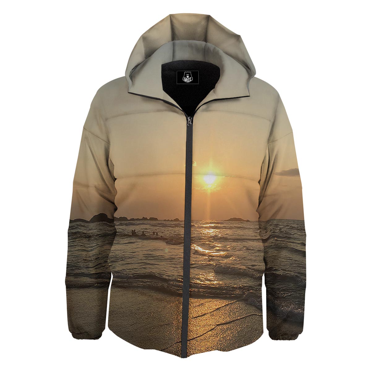 Beach Sunrise Print Down Jacket-grizzshop