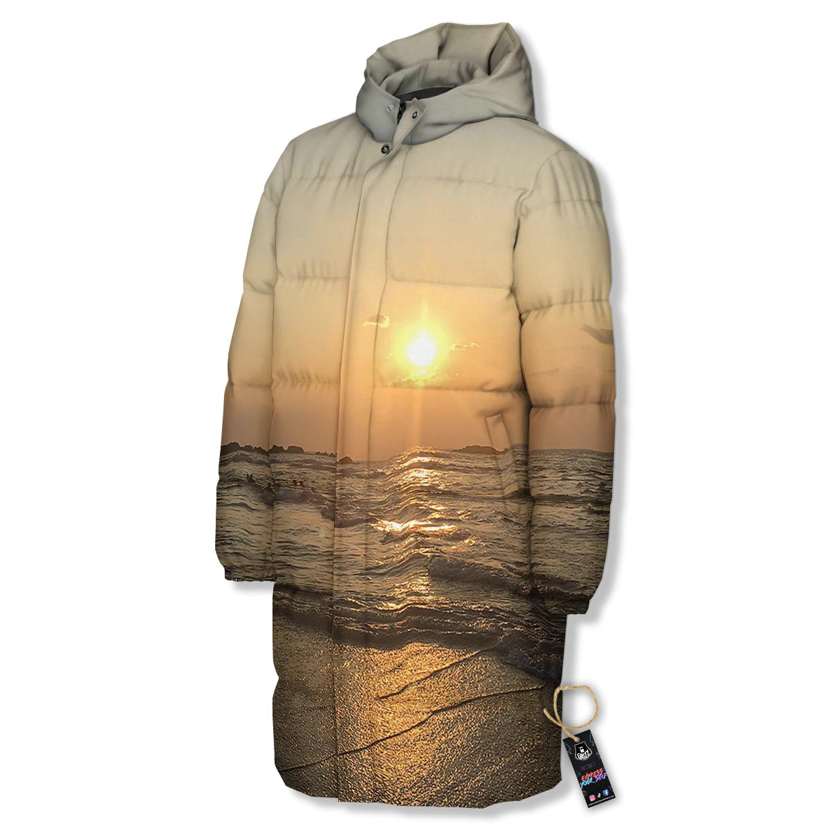 Beach Sunrise Print Long Down Jacket-grizzshop