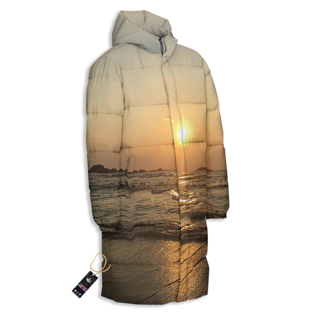 Beach Sunrise Print Long Down Jacket-grizzshop