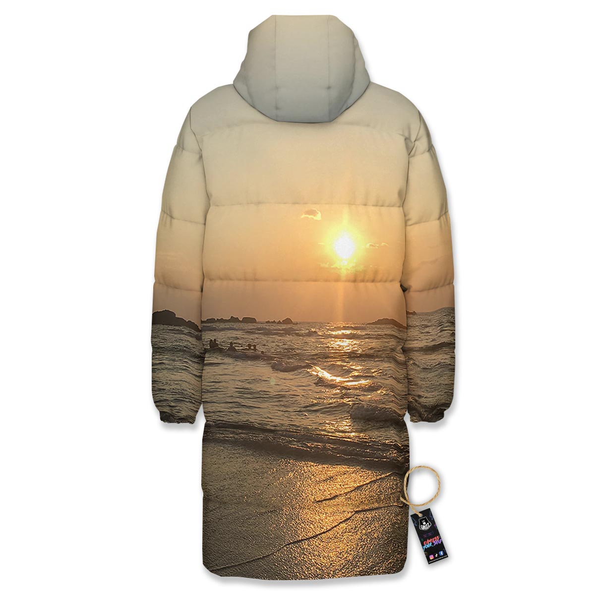 Beach Sunrise Print Long Down Jacket-grizzshop
