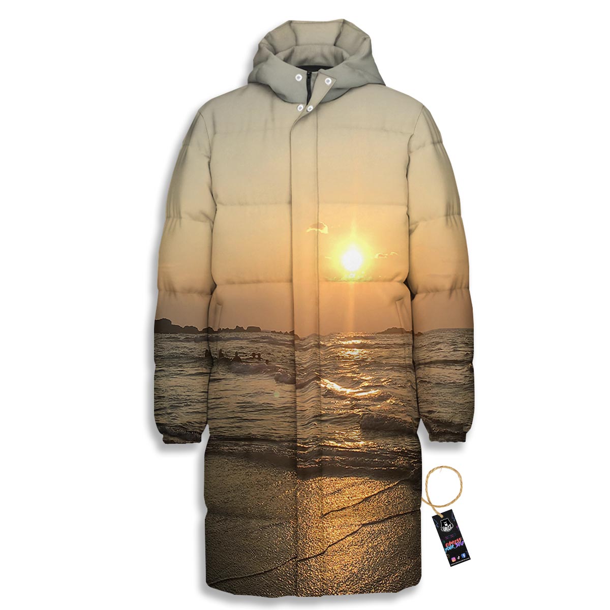 Beach Sunrise Print Long Down Jacket-grizzshop