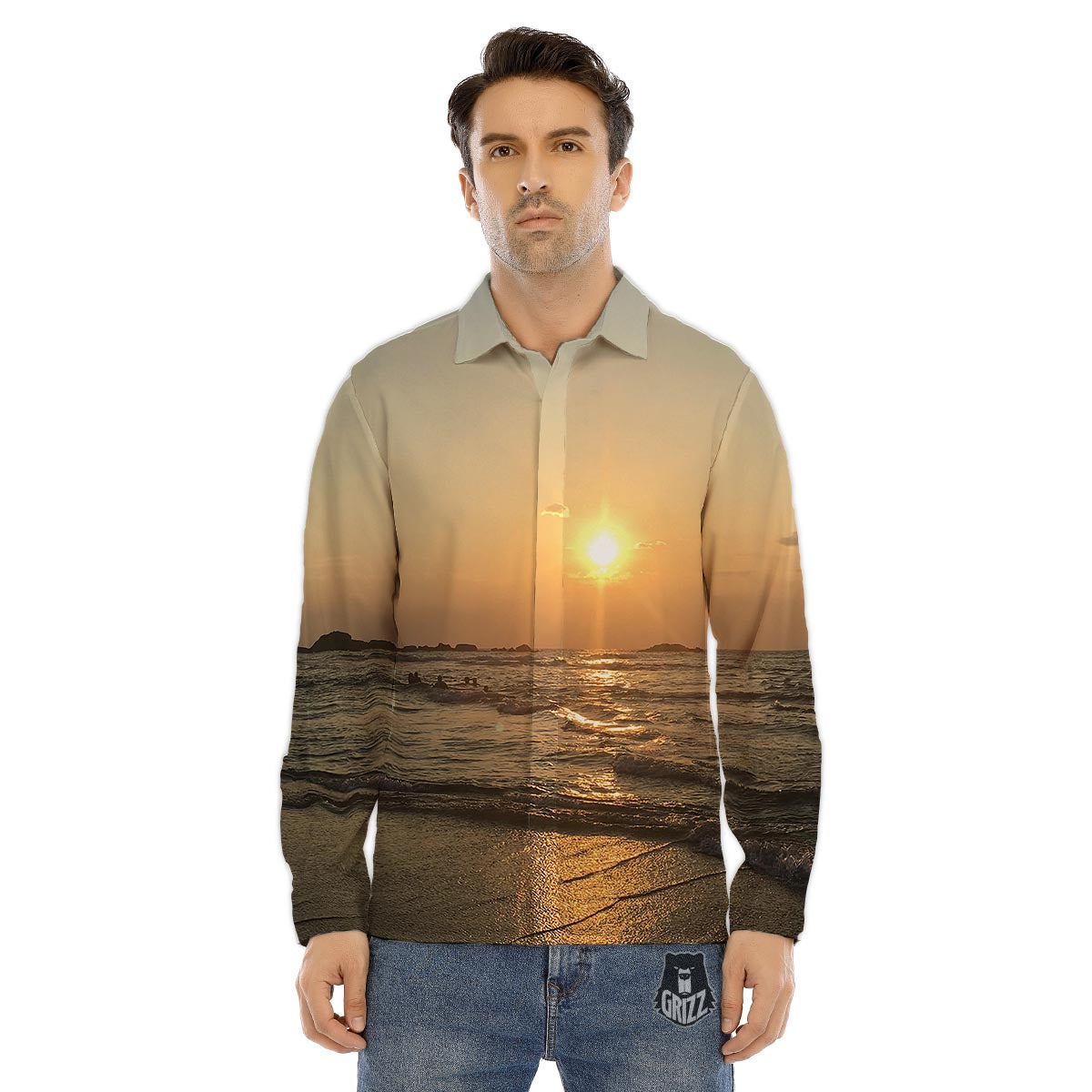 Beach Sunrise Print Men's Dress Shirts-grizzshop