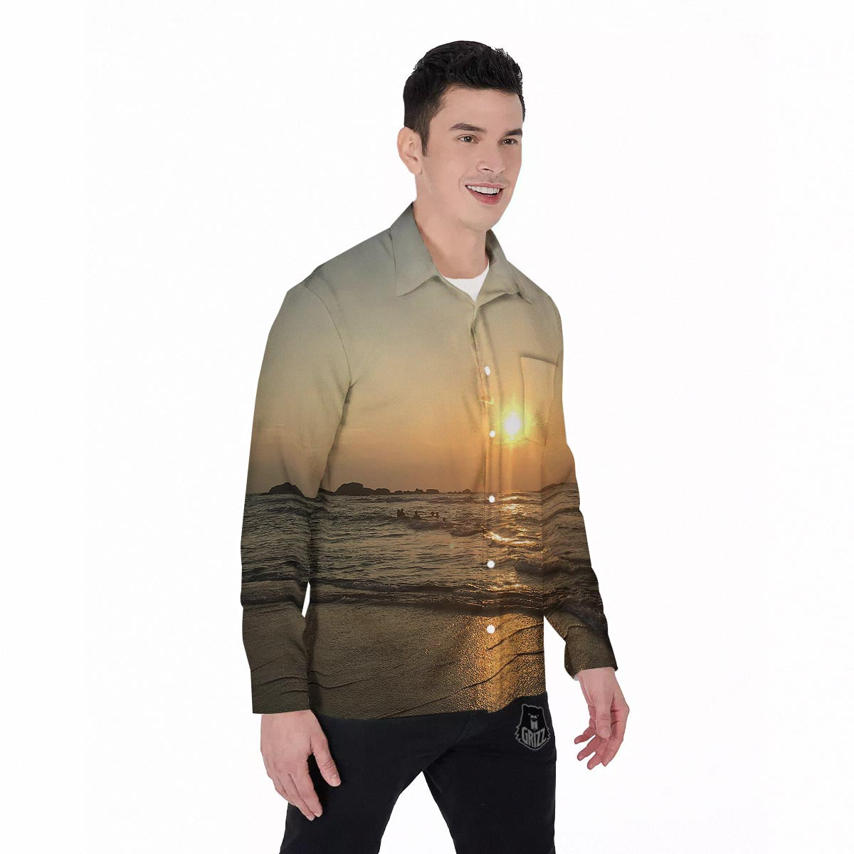 Beach Sunrise Print Men's Long Sleeve Shirts-grizzshop