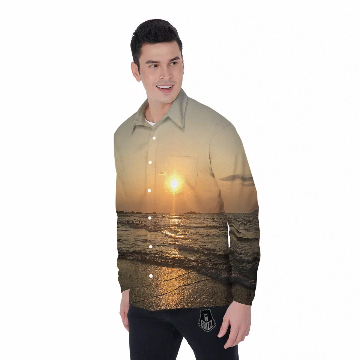 Beach Sunrise Print Men's Long Sleeve Shirts-grizzshop