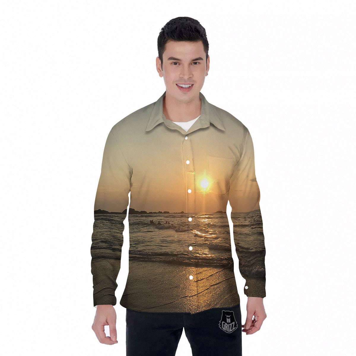 Beach Sunrise Print Men's Long Sleeve Shirts-grizzshop
