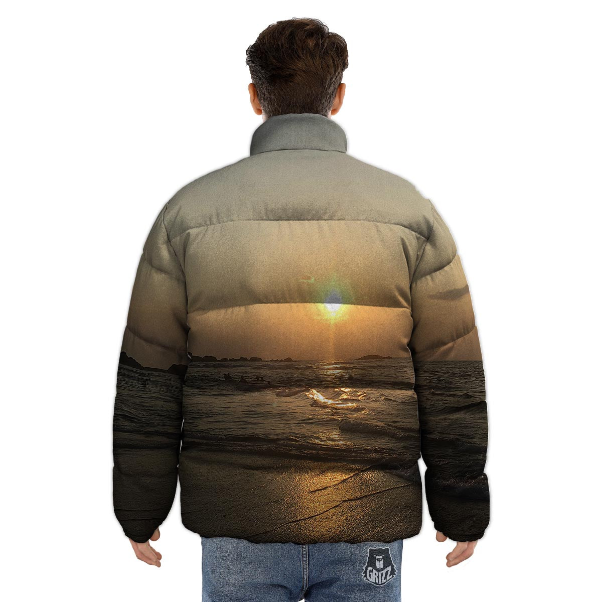 Beach Sunrise Print Puffer Jacket-grizzshop