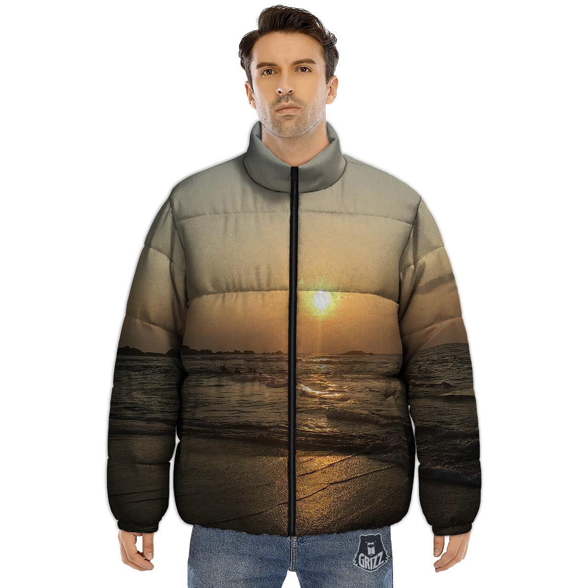 Beach Sunrise Print Puffer Jacket-grizzshop