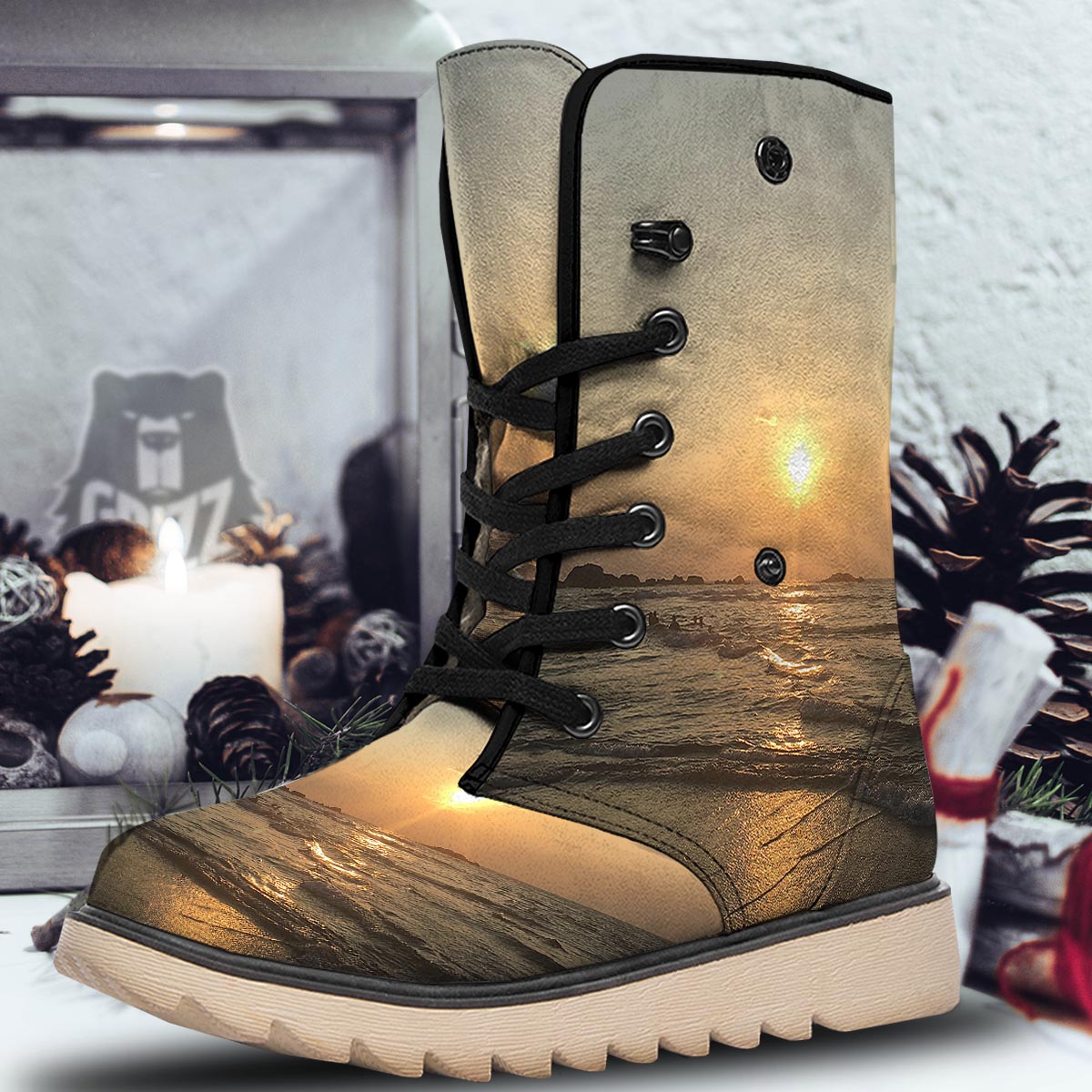 Beach Sunrise Print Snow Boots-grizzshop