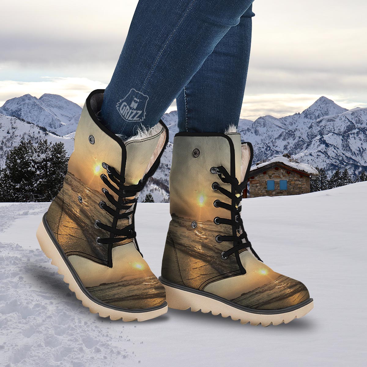 Beach Sunrise Print Snow Boots-grizzshop