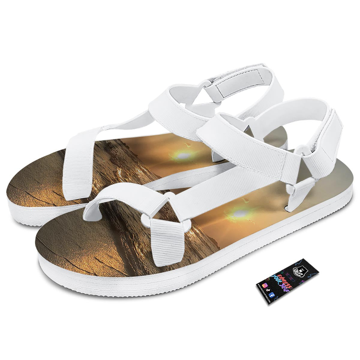 Beach Sunrise Print White Open Toe Sandals-grizzshop