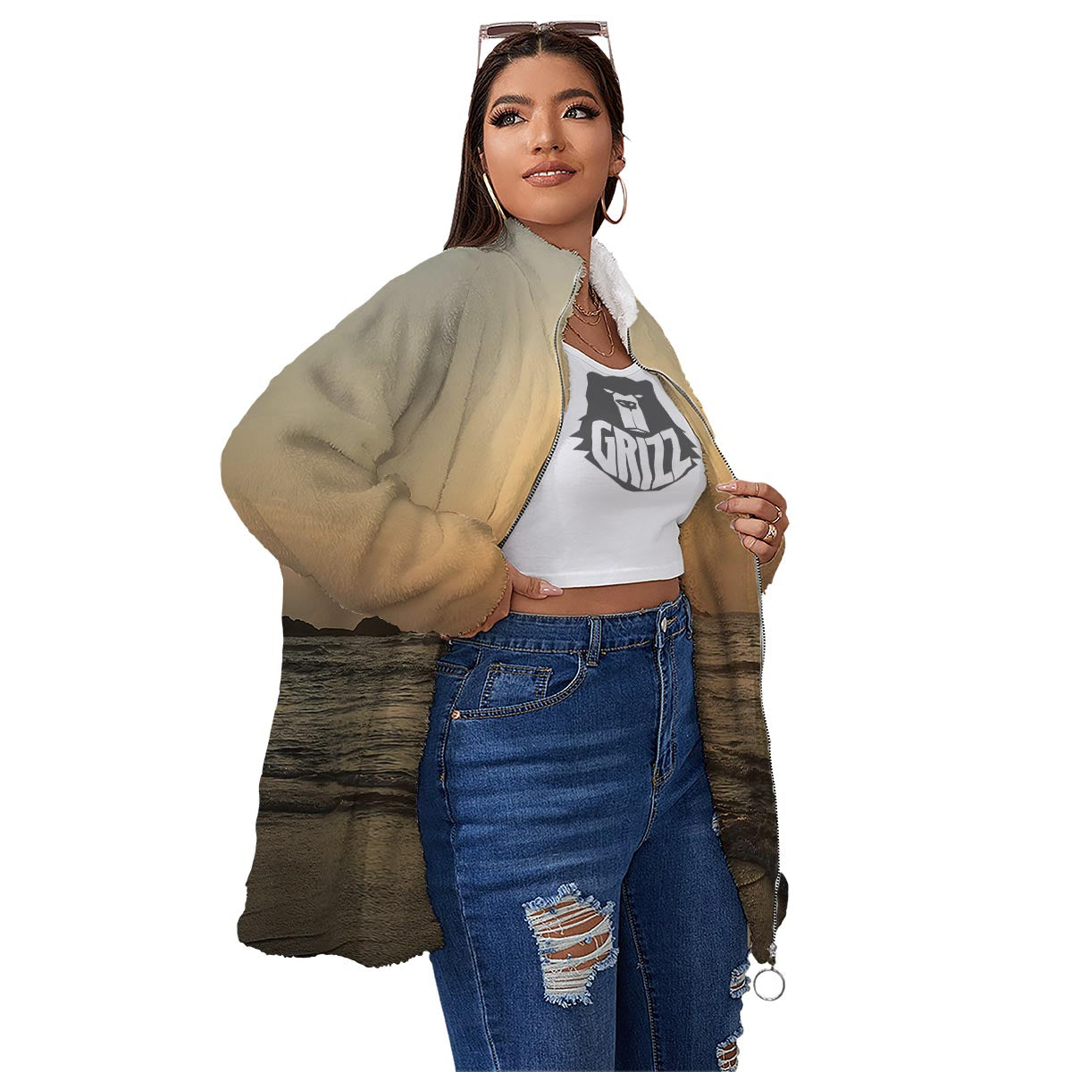 Beach Sunrise Print Women's Sherpa Jacket-grizzshop