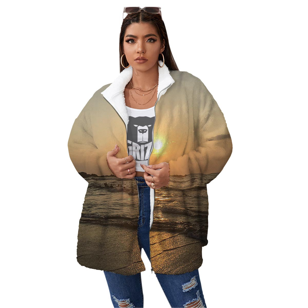Beach Sunrise Print Women's Sherpa Jacket-grizzshop