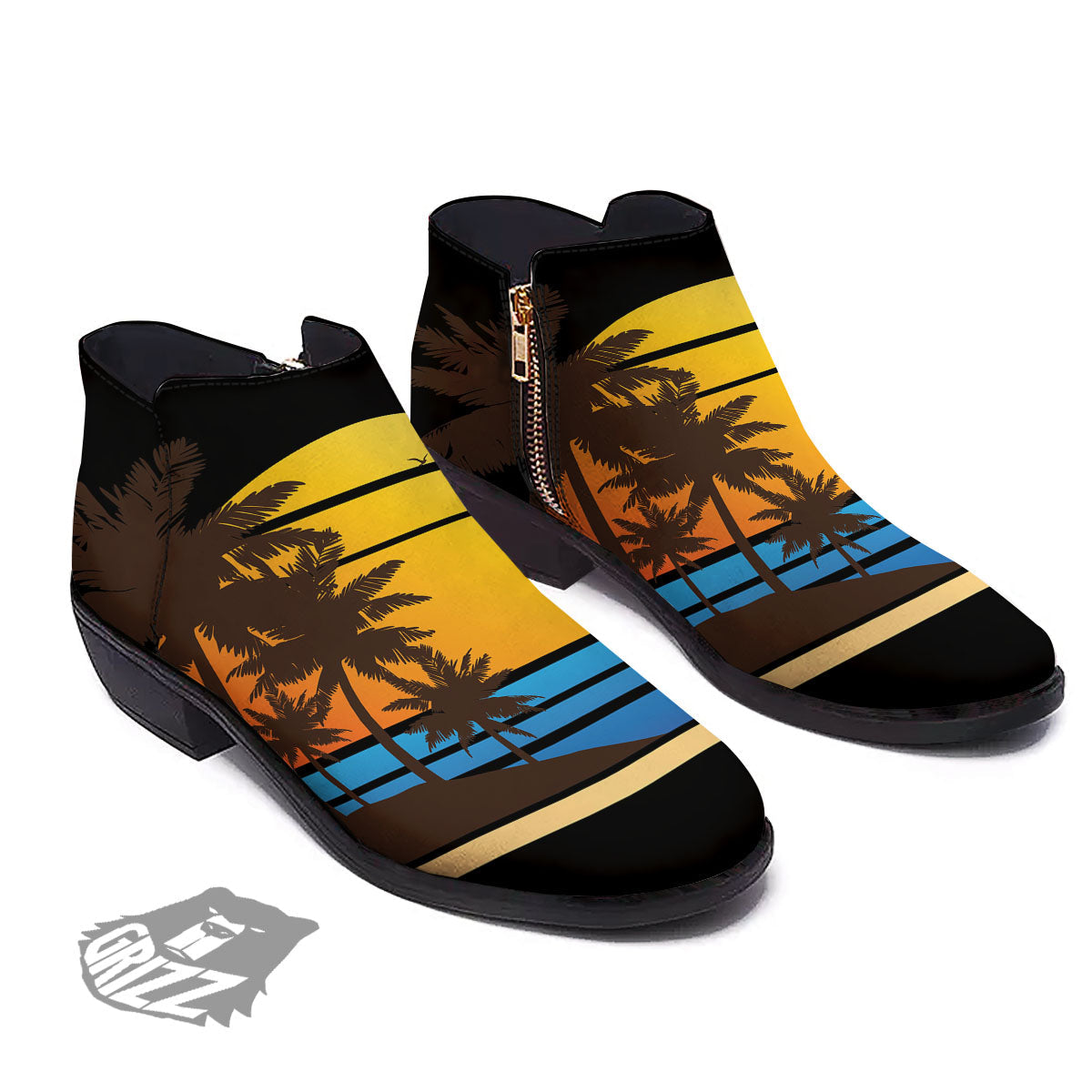 Beach Sunset Palm Tree Print Ankle Boots-grizzshop
