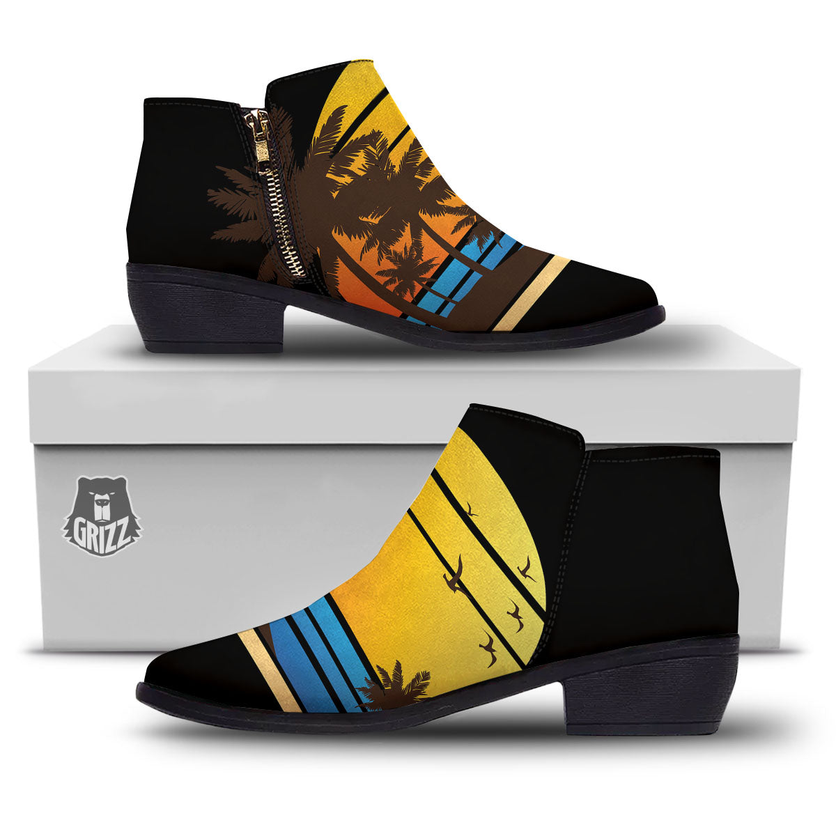 Beach Sunset Palm Tree Print Ankle Boots-grizzshop