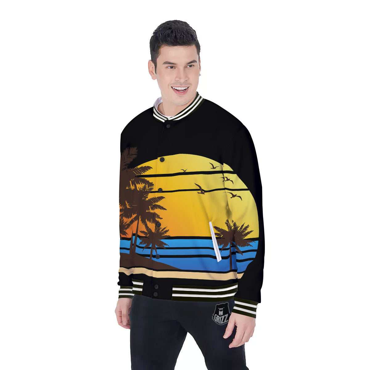 Beach Sunset Palm Tree Print Baseball Jacket-grizzshop