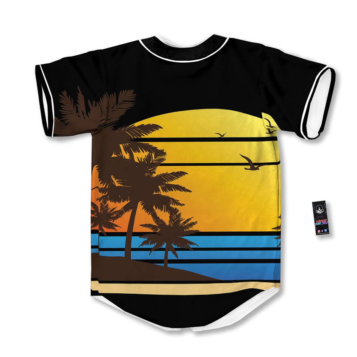 Beach Sunset Palm Tree Print Baseball Jersey-grizzshop