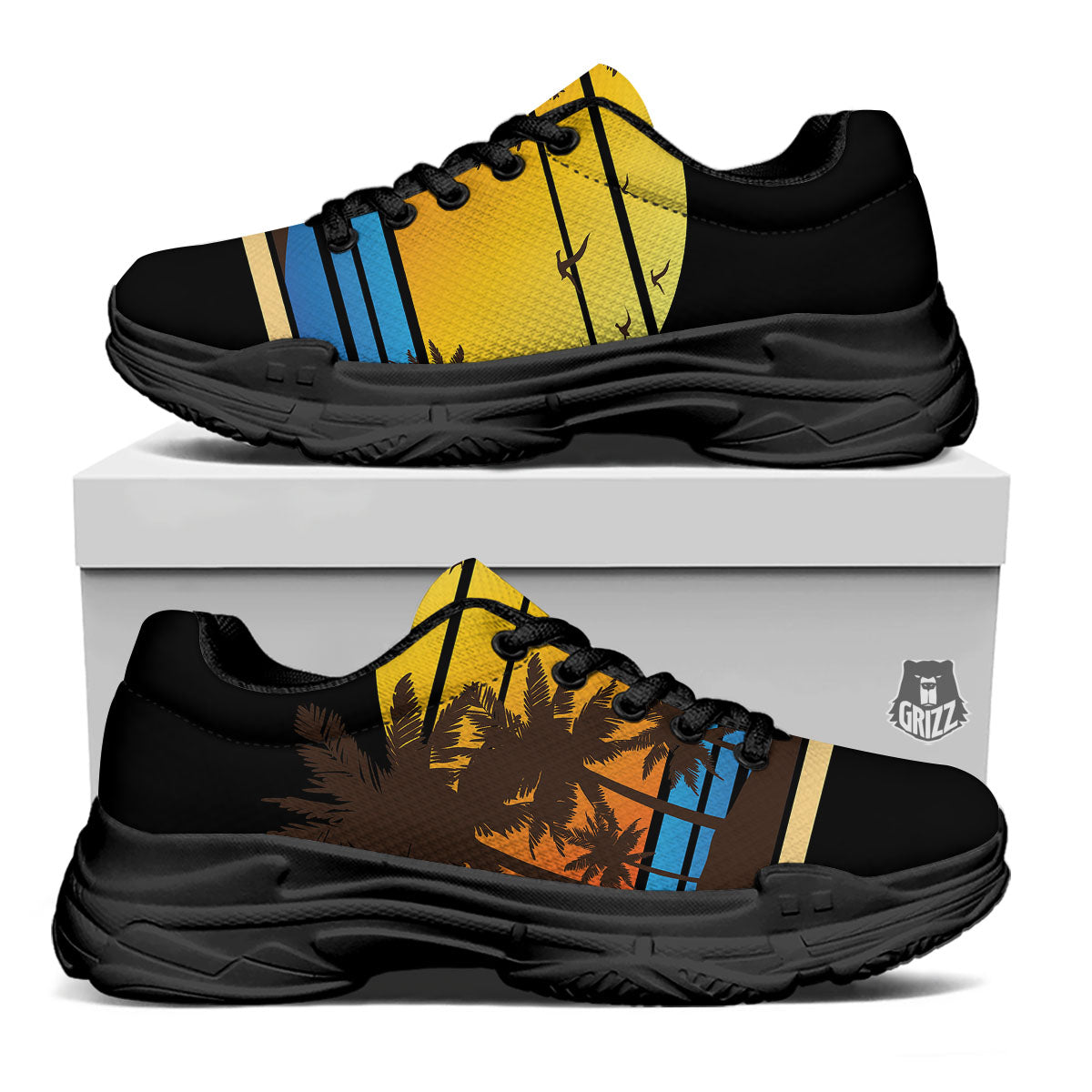 Beach Sunset Palm Tree Print Black Chunky Shoes-grizzshop