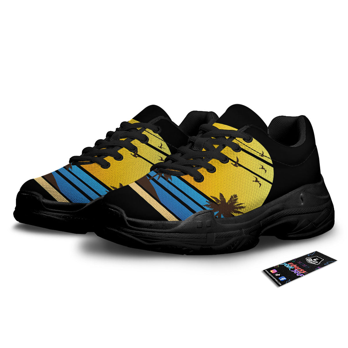 Beach Sunset Palm Tree Print Black Chunky Shoes-grizzshop
