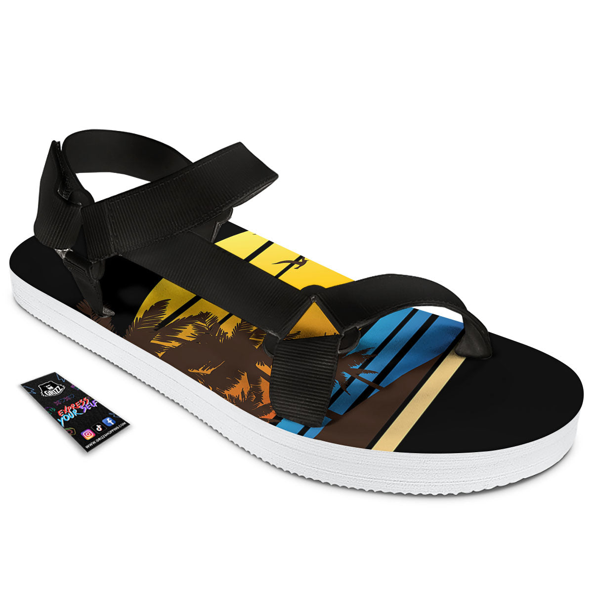 Beach Sunset Palm Tree Print Black Open Toe Sandals-grizzshop