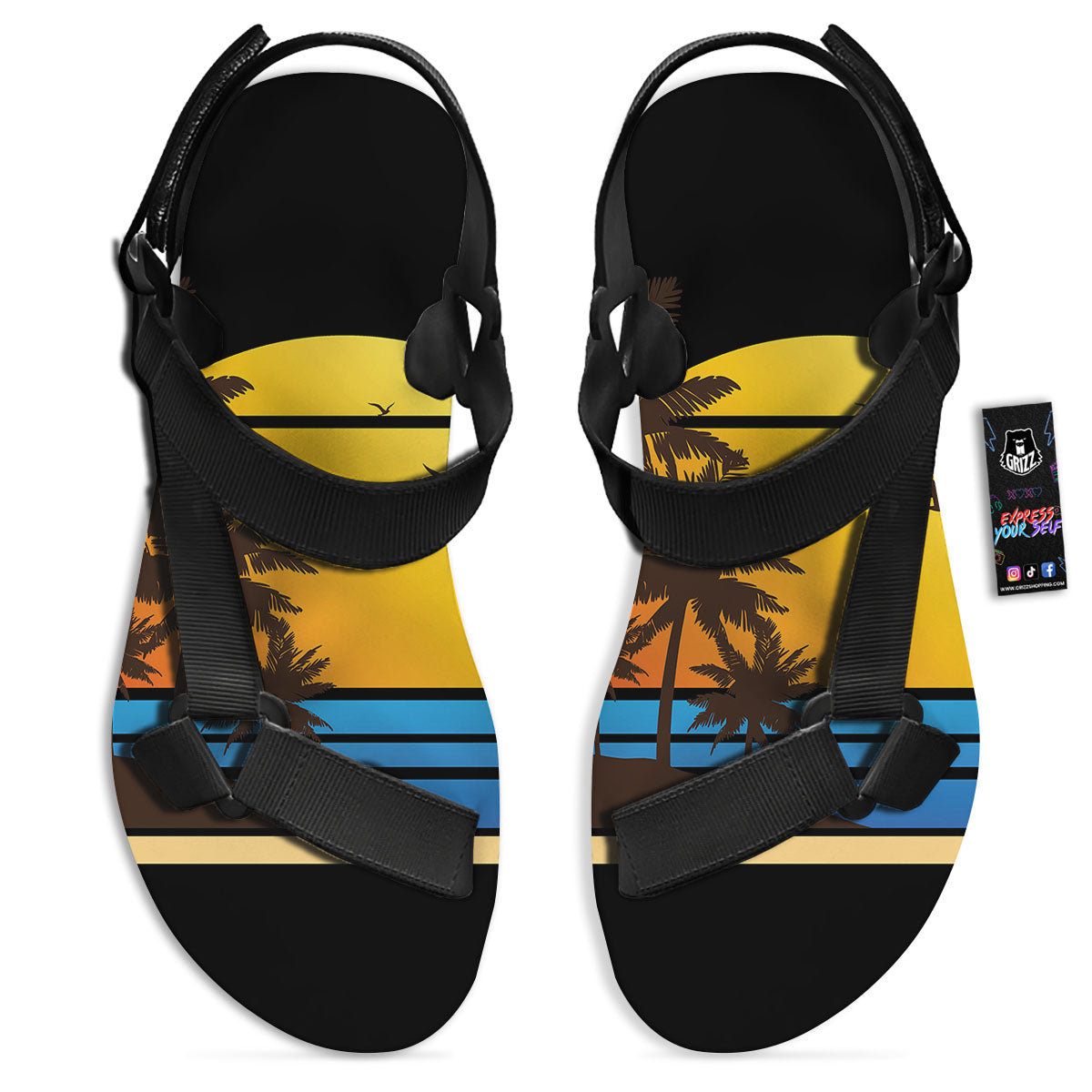 Beach Sunset Palm Tree Print Black Open Toe Sandals-grizzshop
