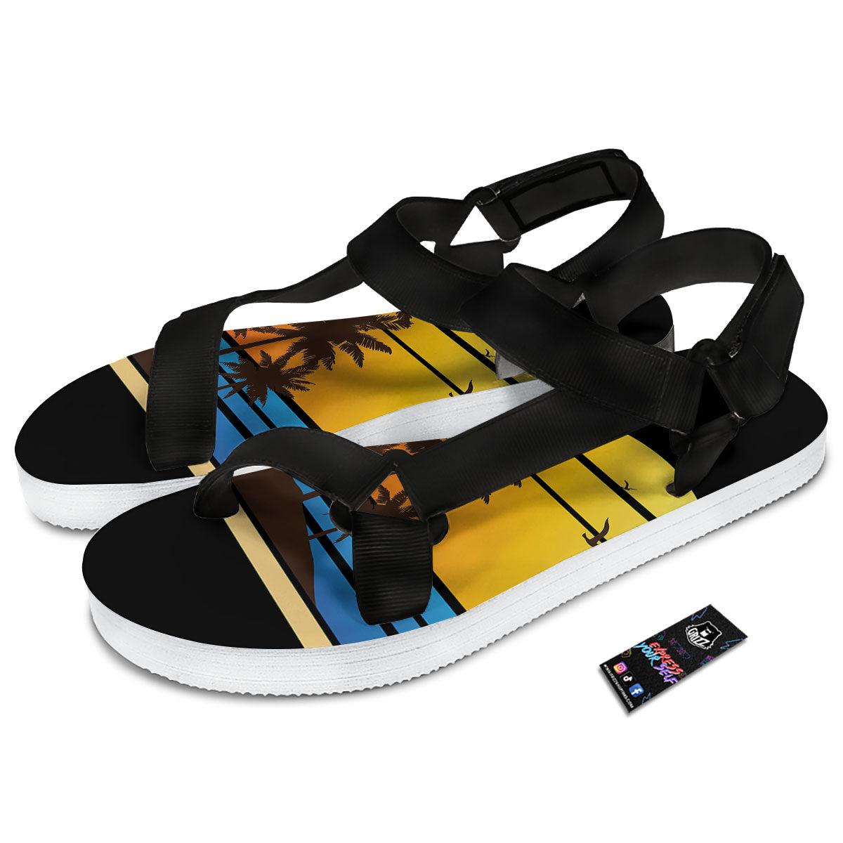 Beach Sunset Palm Tree Print Black Open Toe Sandals-grizzshop