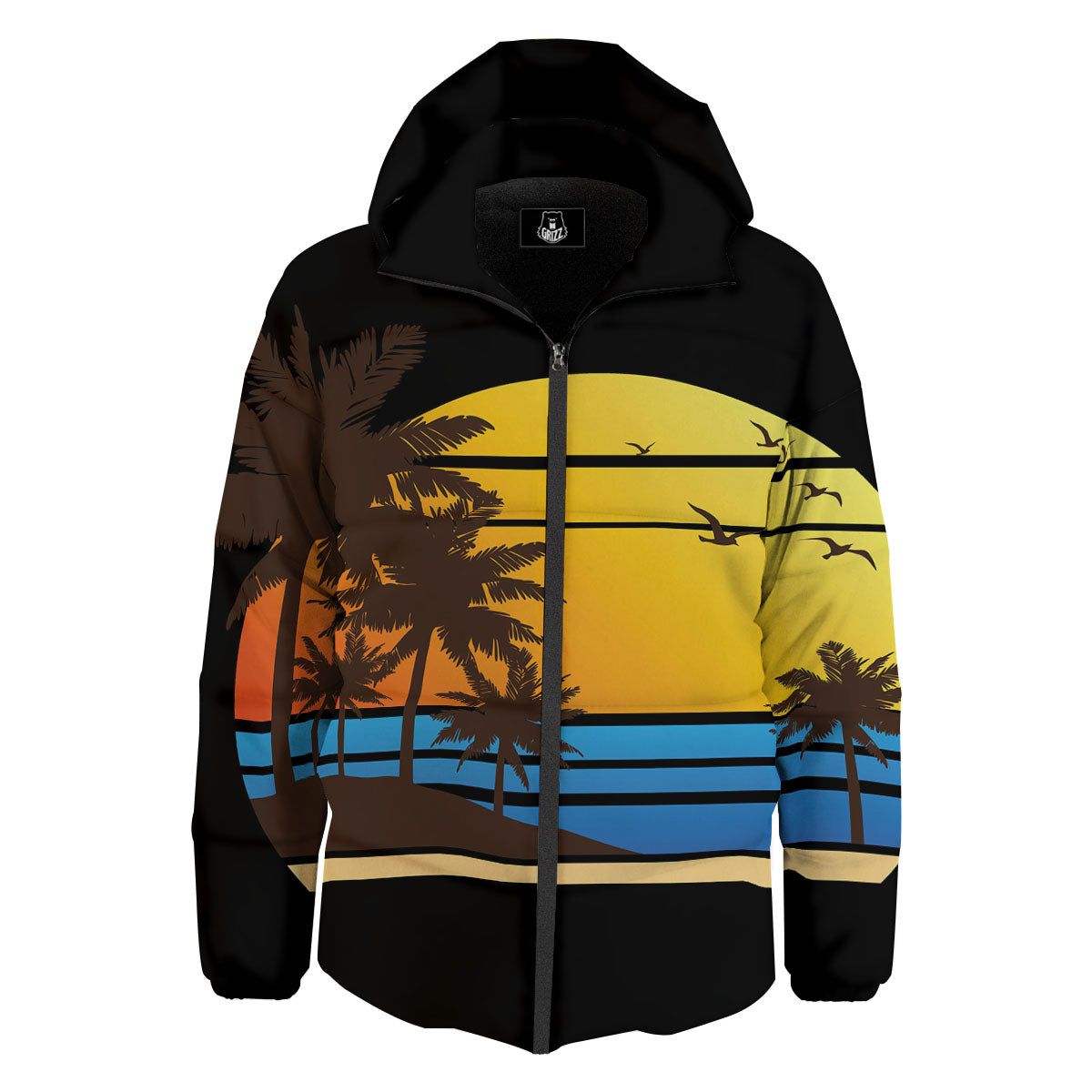 Beach Sunset Palm Tree Print Down Jacket-grizzshop