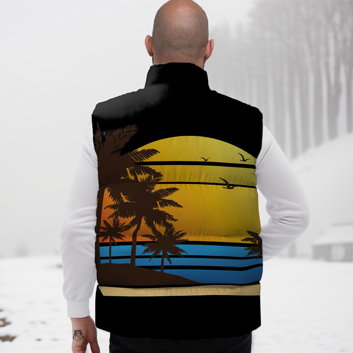 Beach Sunset Palm Tree Print Down Vest