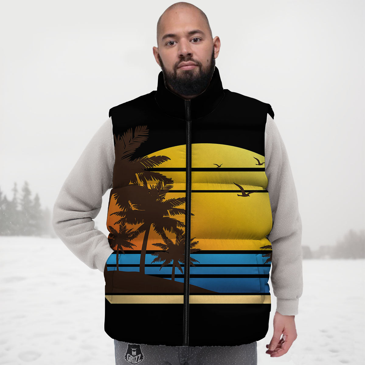 Beach Sunset Palm Tree Print Down Vest