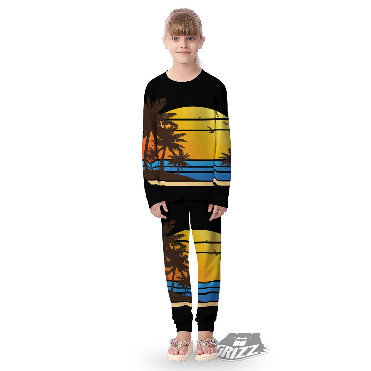 Beach Sunset Palm Tree Print Kid's Pajamas-grizzshop