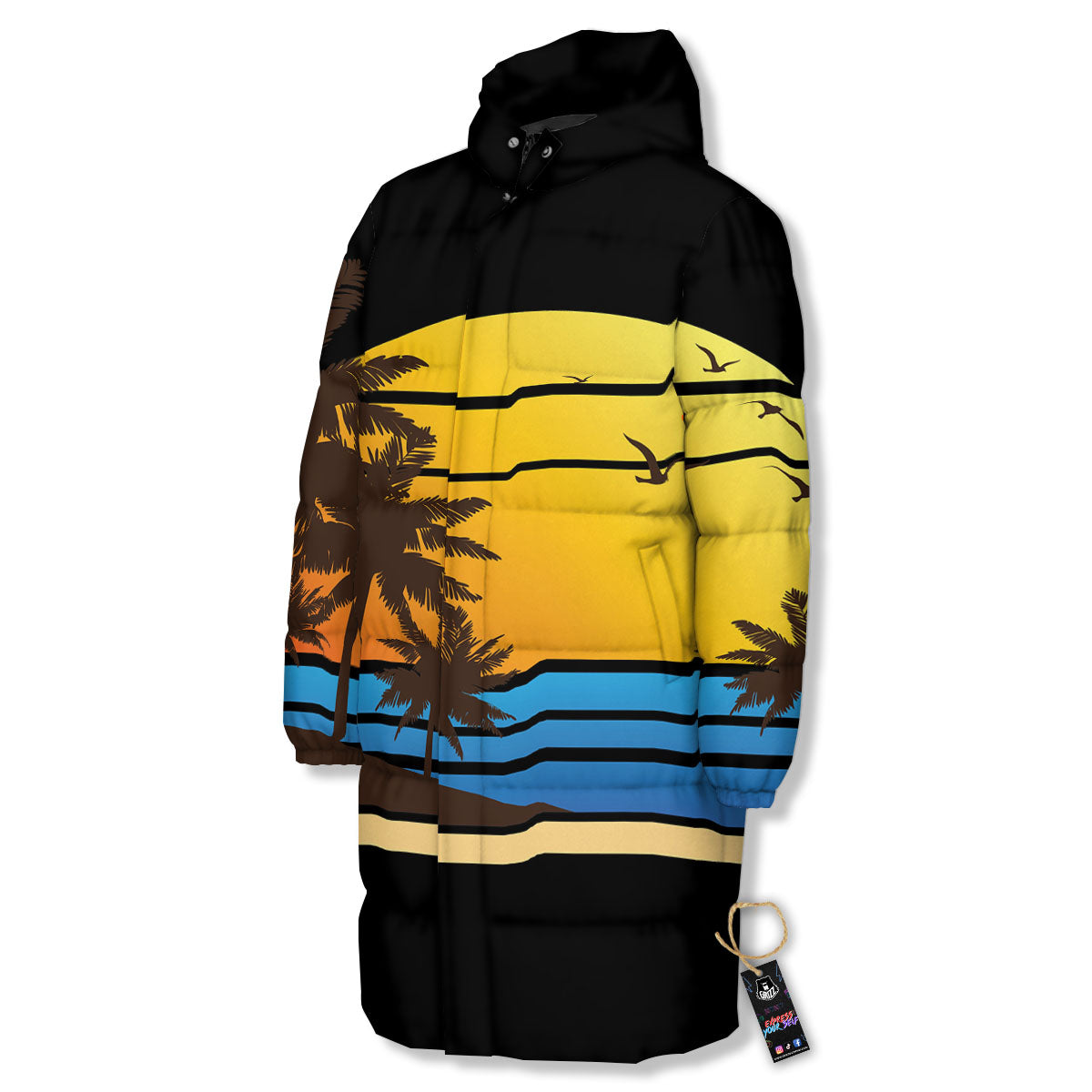 Beach Sunset Palm Tree Print Long Down Jacket-grizzshop