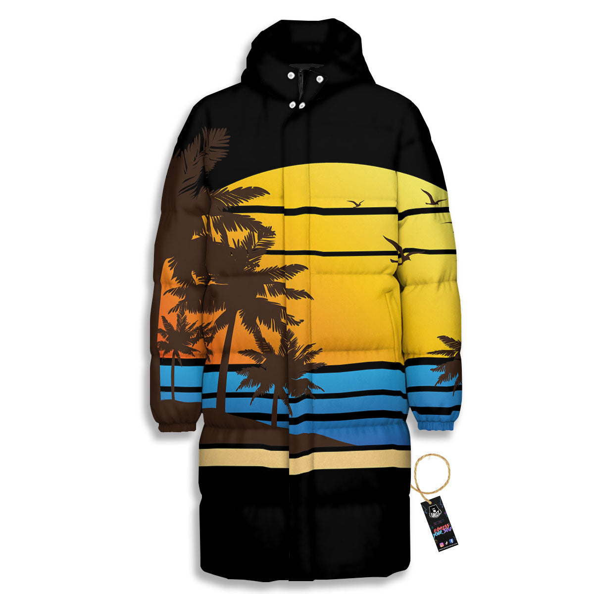 Beach Sunset Palm Tree Print Long Down Jacket-grizzshop