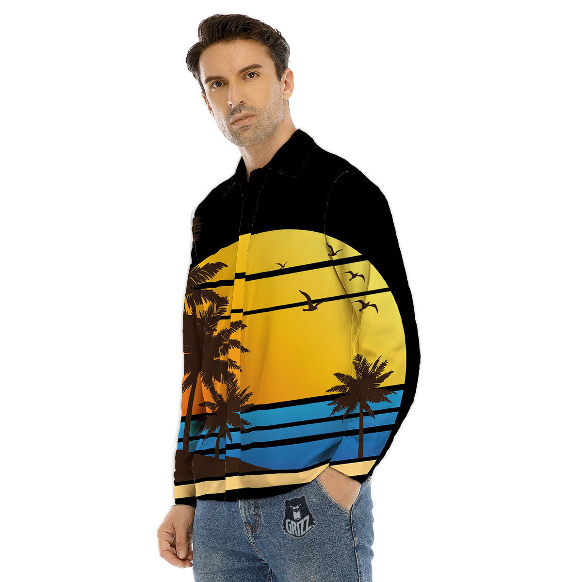 Beach Sunset Palm Tree Print Men's Dress Shirts-grizzshop