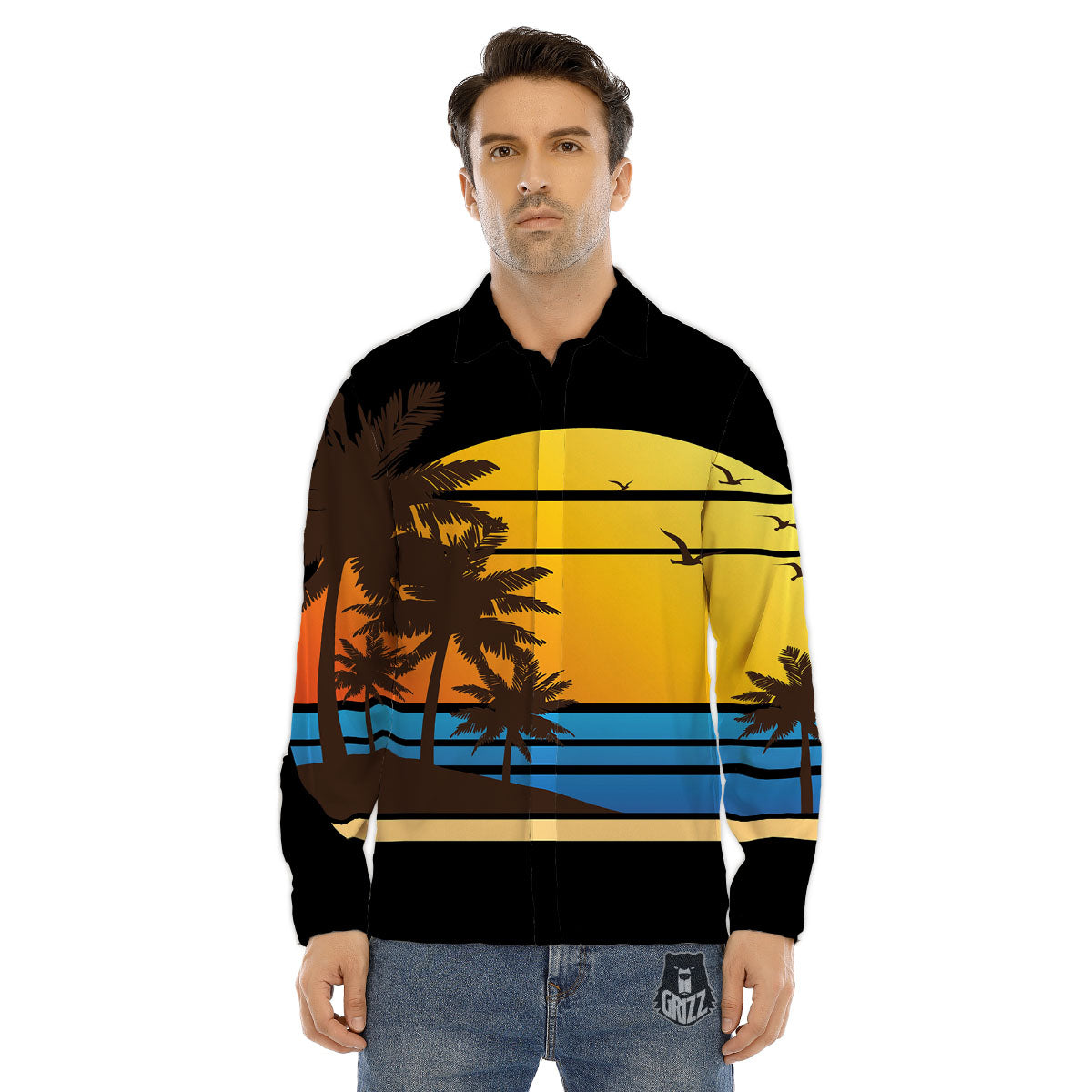 Beach Sunset Palm Tree Print Men's Dress Shirts-grizzshop