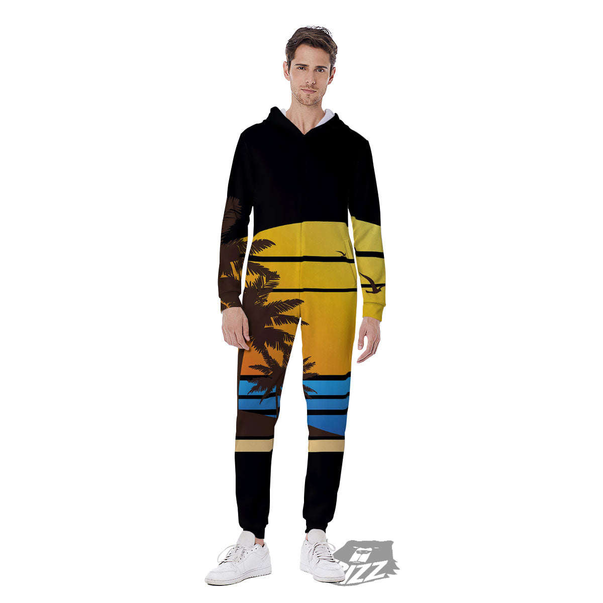 Beach Sunset Palm Tree Print Men's Jumpsuit-grizzshop