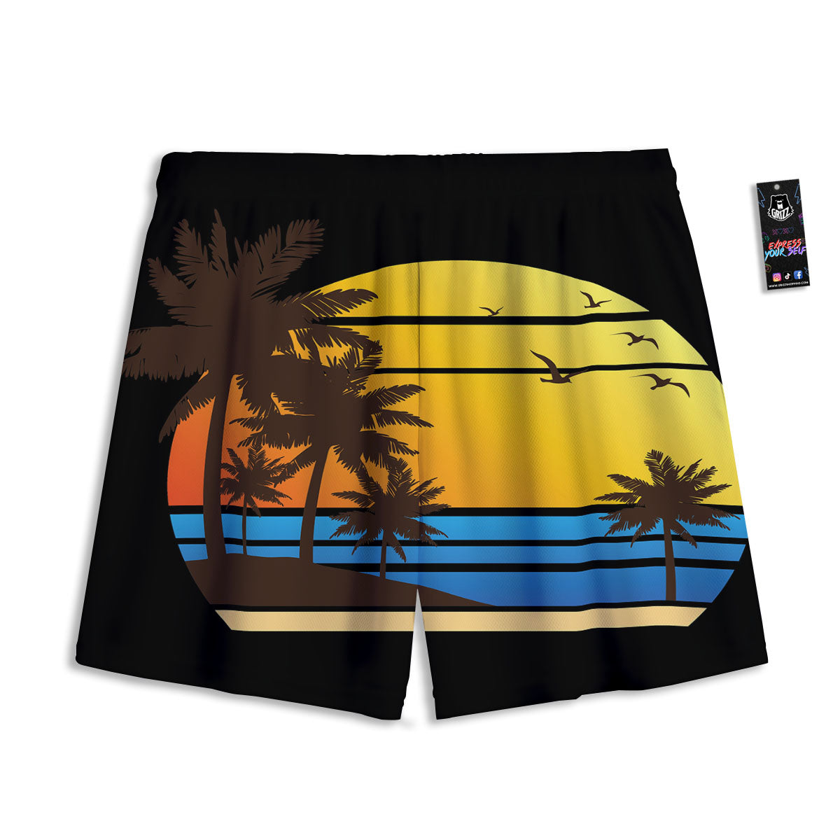 Beach Sunset Palm Tree Print Mesh Shorts