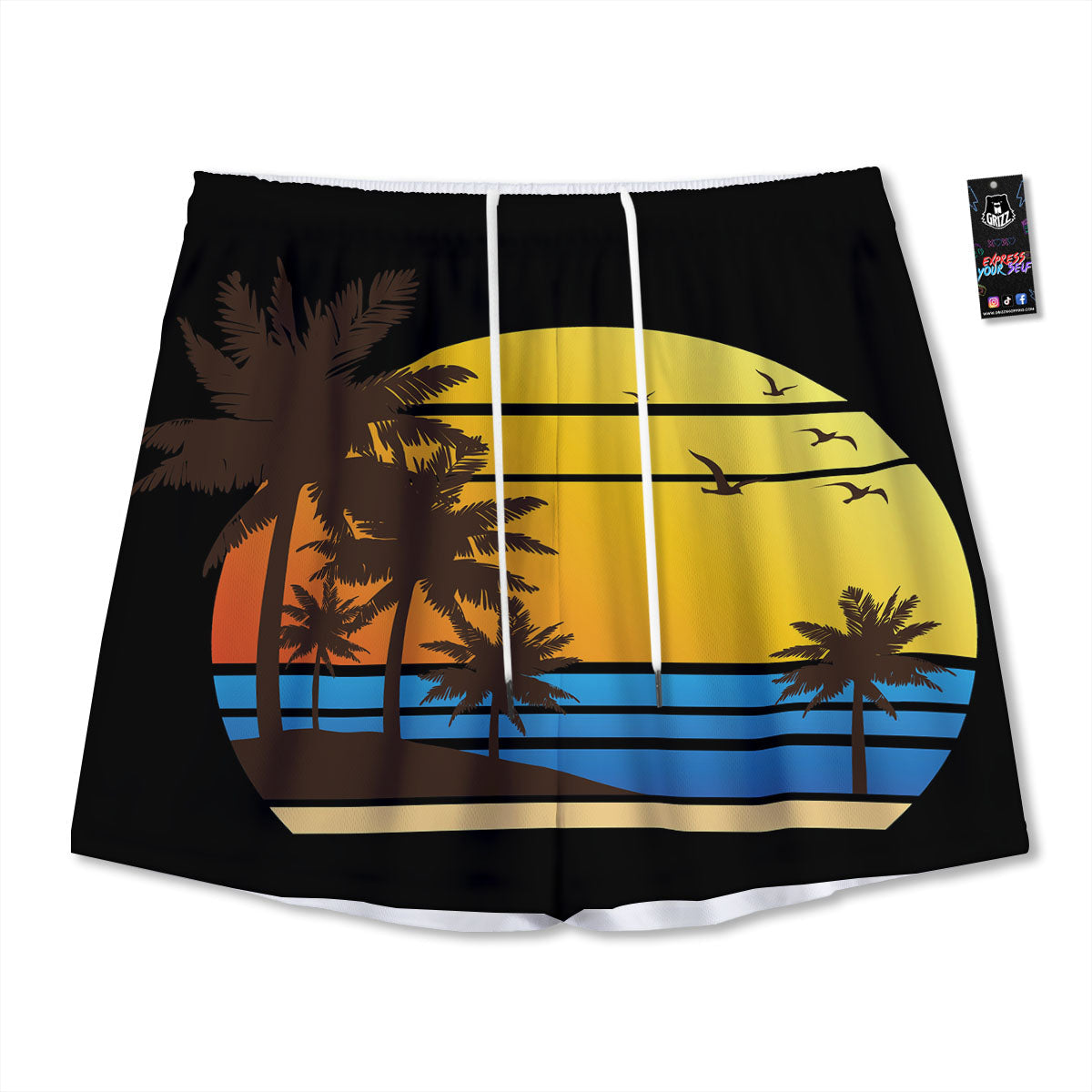 Beach Sunset Palm Tree Print Mesh Shorts