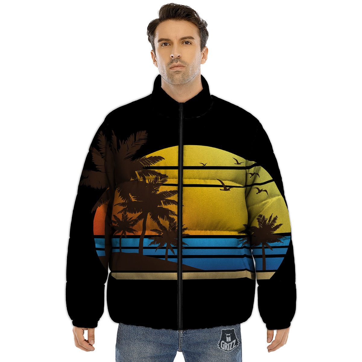Beach Sunset Palm Tree Print Puffer Jacket-grizzshop