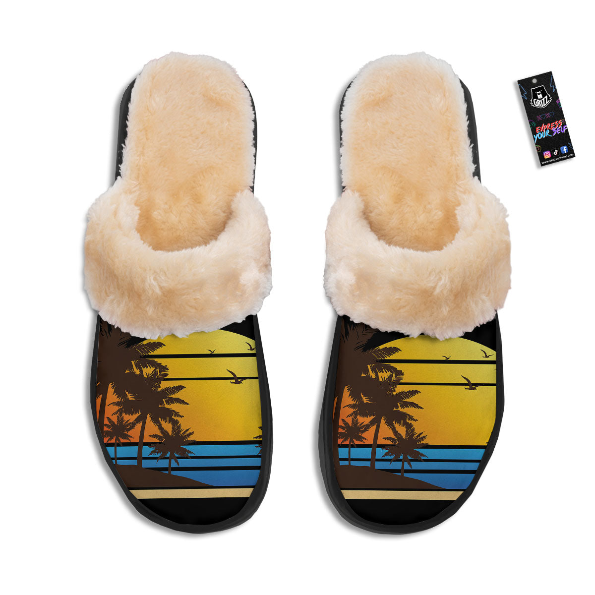 Beach Sunset Palm Tree Print Slippers-grizzshop
