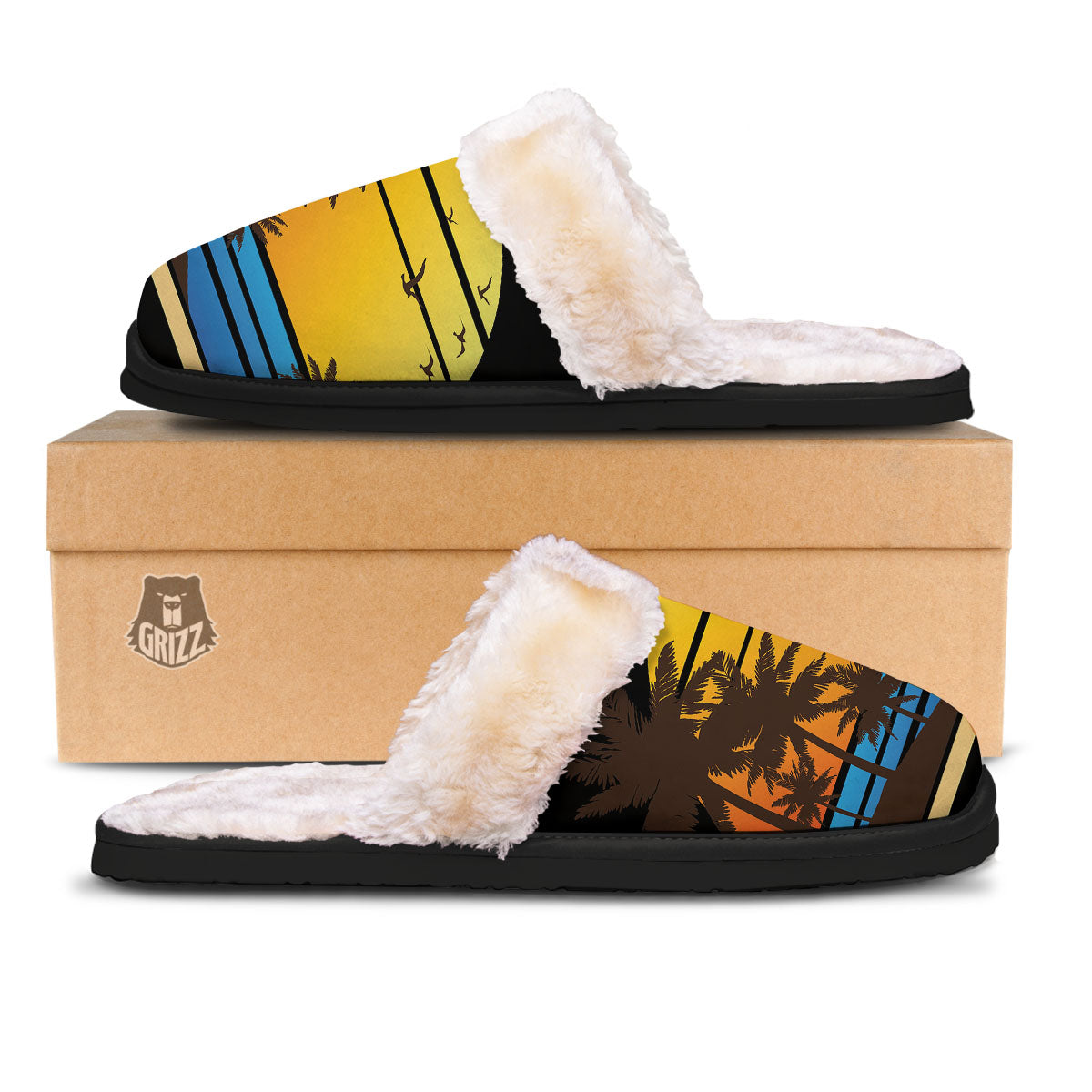 Beach Sunset Palm Tree Print Slippers-grizzshop
