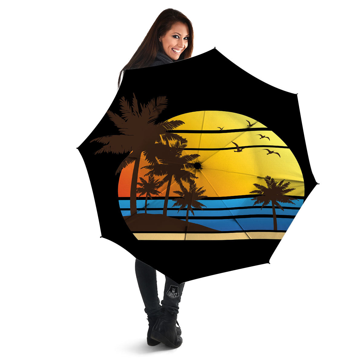Beach Sunset Palm Tree Print Umbrella-grizzshop