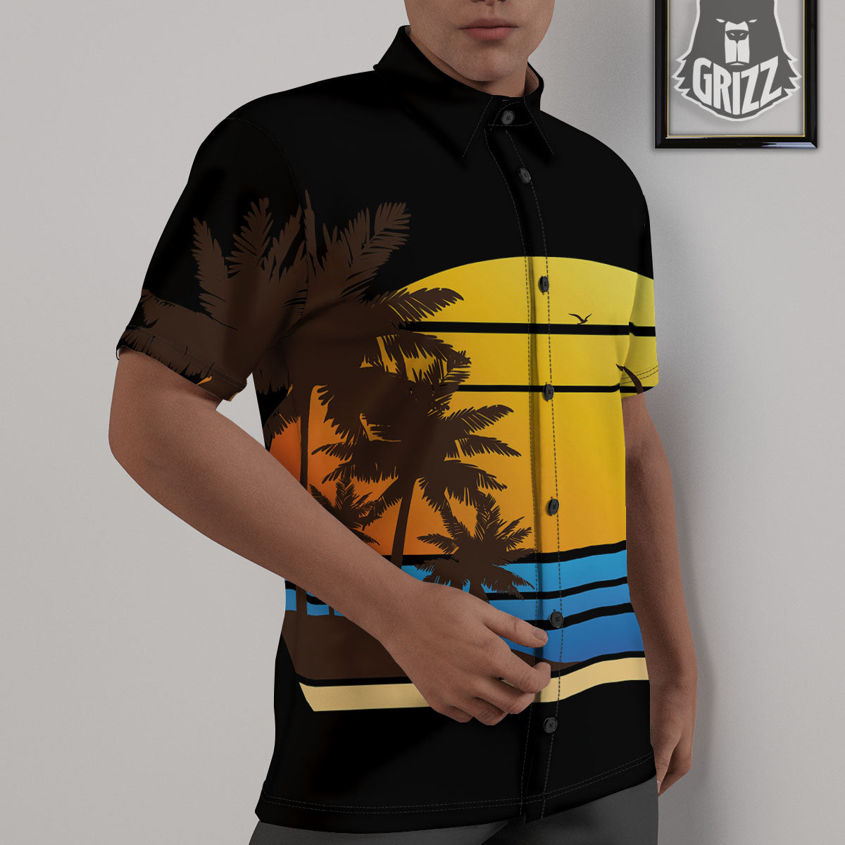 Beach Sunset Palm Tree Print Untucked Shirts-grizzshop