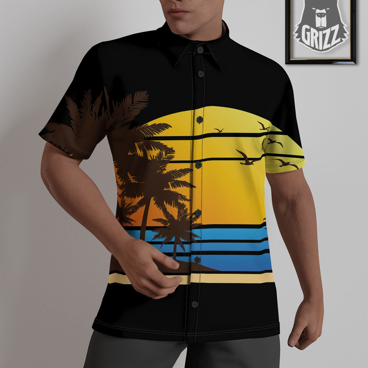 Beach Sunset Palm Tree Print Untucked Shirts-grizzshop