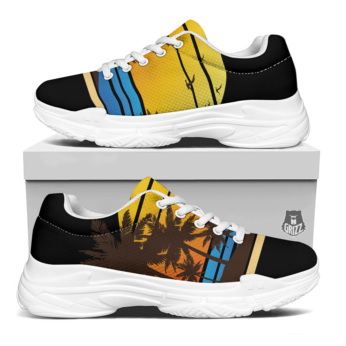 Beach Sunset Palm Tree Print White Chunky Shoes-grizzshop