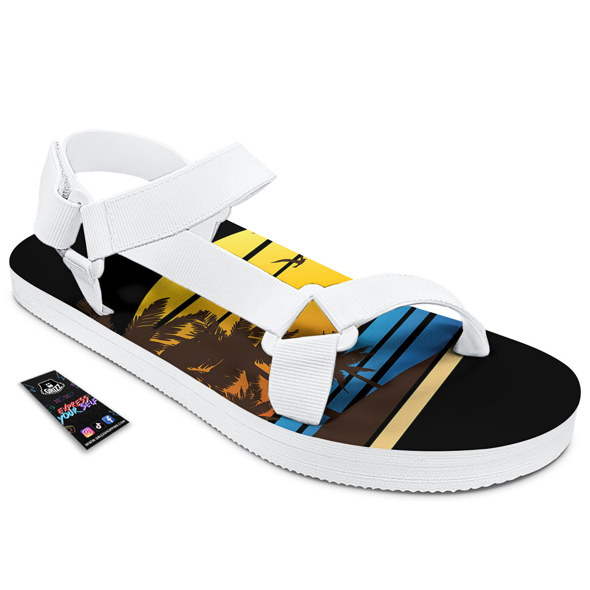 Beach Sunset Palm Tree Print White Open Toe Sandals-grizzshop
