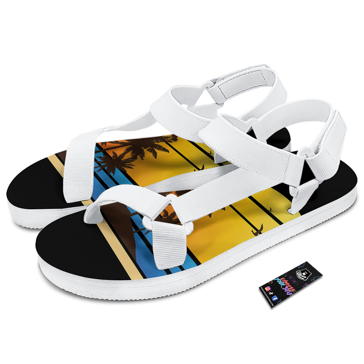 Beach Sunset Palm Tree Print White Open Toe Sandals-grizzshop