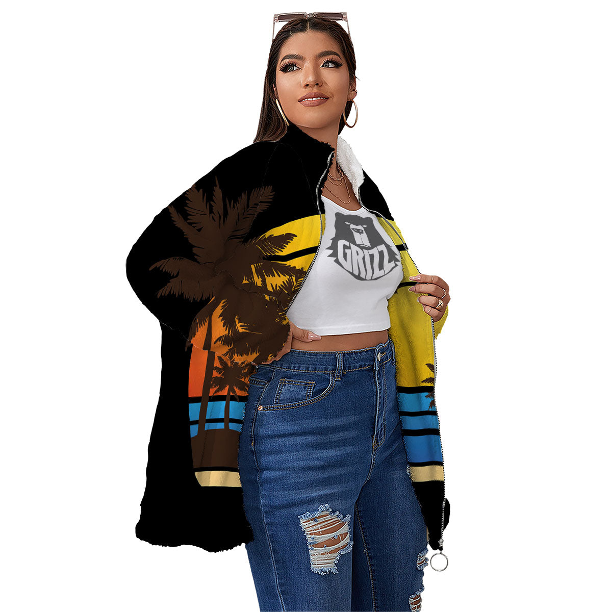 Beach Sunset Palm Tree Print Women's Sherpa Jacket-grizzshop