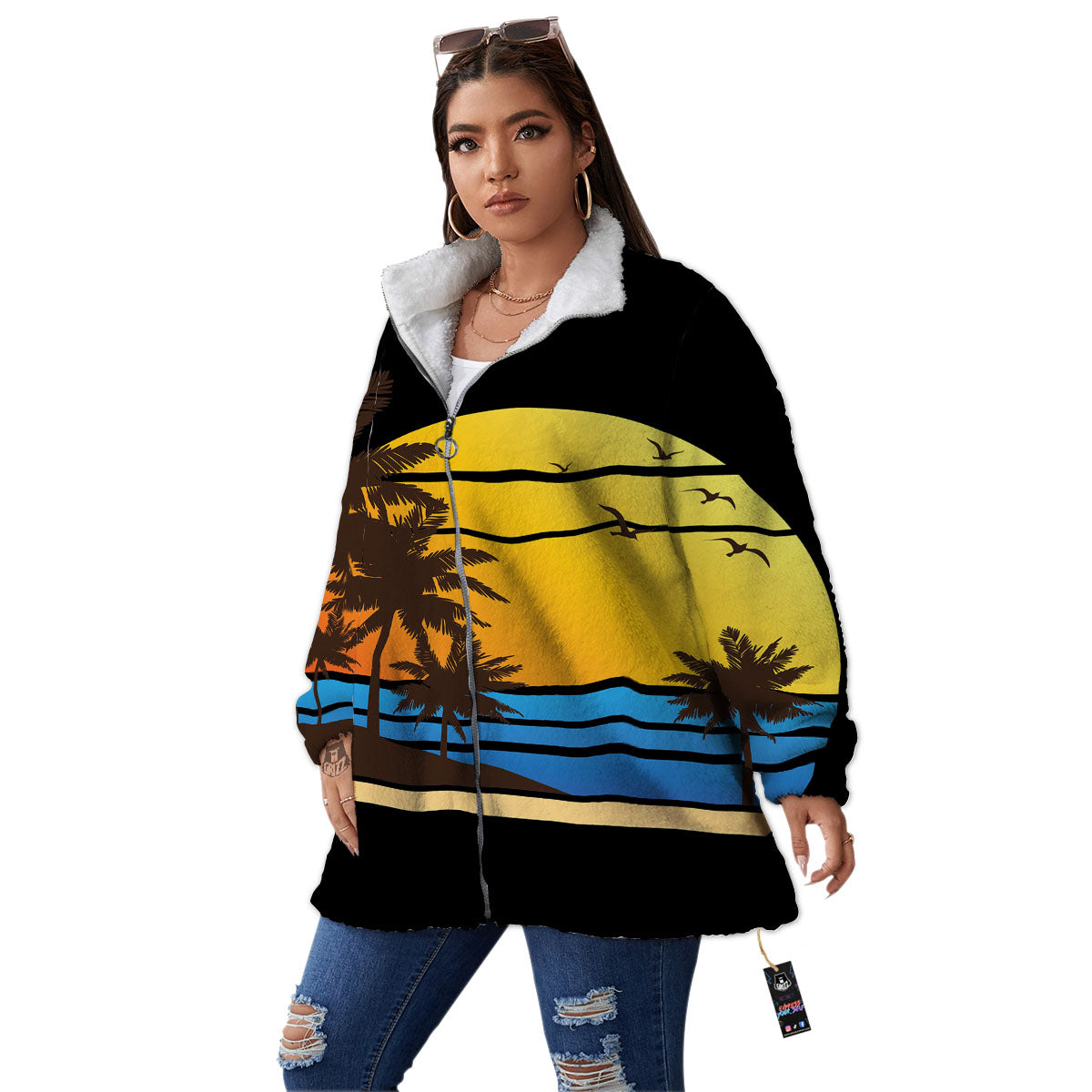 Beach Sunset Palm Tree Print Women's Sherpa Jacket-grizzshop